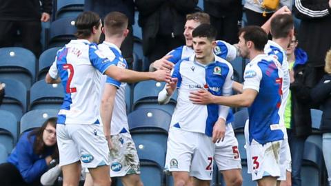 Dominic Hyam of Blackburn Rovers celebrates his goal for their side to make it 1-1 against Norwich City