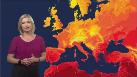 Sarah Keith-Lucas in front of a Europe temperature gradient map