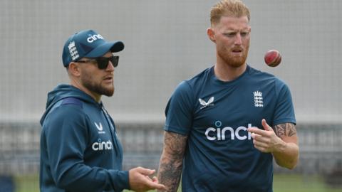 England Test captain Ben Stokes and head coach Brendon McCullum during a training session at Lord's ahead of the game against Ireland