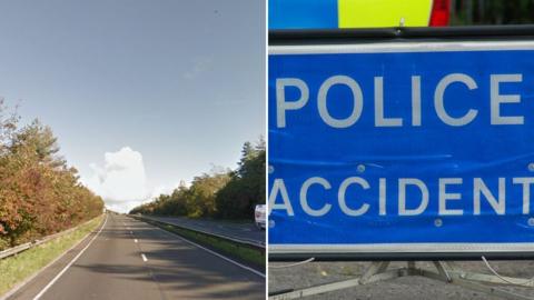 The A48 near Nantycaws and a generic police sign