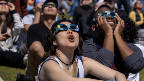 Solar eclipse watchers at Griffith Observatory on Monday, April 8, 2024 in Los Angele