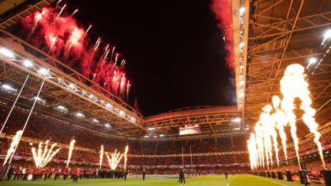 Flames erupt in the build up to kick off in Cardiff