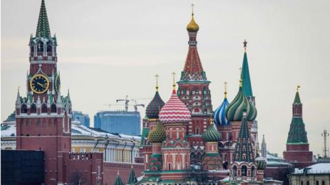 A view of the Kremlin, St. Basil's Cathedral and the Zaryadye Park in downtown Moscow on March 13, 2018. Russia will vote for President on March 18, 2018.