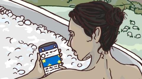 An illustration of a woman in a bathtub checking her phone