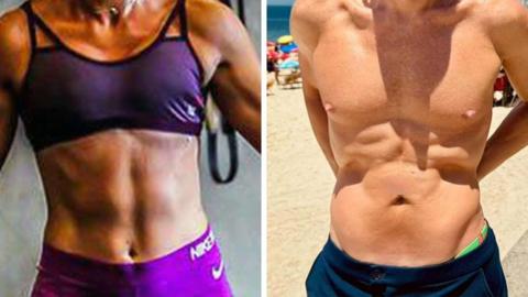 A woman and man pose showing their 'six packs'