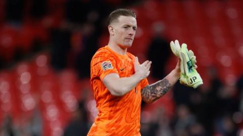 Jordan Pickford of England waves at the fans after the UEFA Nations League 2024/25 League B Group B2 match between England and Republic of Ireland at Wembley Stadium on November 17, 2024