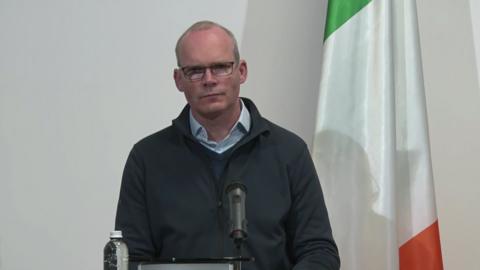 Simon Coveney appears at a press conference in Kyiv alongside Ukrainian Foreign Minister, Dmytro Kuleba.