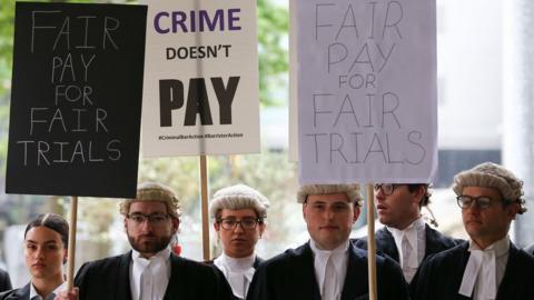 Barristers on strike holding placards
