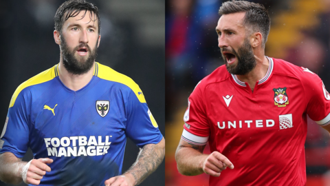 Ollie Palmer in action for AFC Wimbledon (left) and for Wrexham (right)