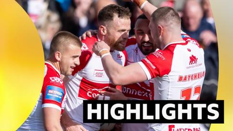 Hull KR's Joe Burgess (c) is congratulated after scoring a try against Leigh.
