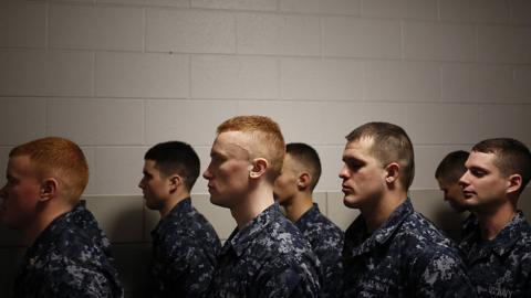 Naval Special Warfare recruits line up in Great Lakes, Illinois.