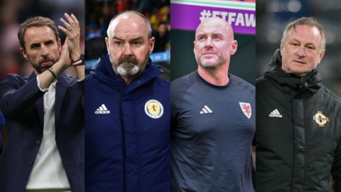 Split picture of England manager Gareth Southgate, Scotland boss Steve Clarke, Wales head coach Robert Page and Northern Ireland gaffer Michael O'Neill