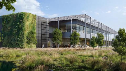 An artist's impression of what the building could look like from the ground. It is covered in foliage on the corner and surrounded by newly planted trees