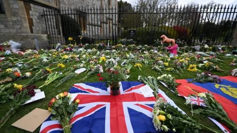 Tributes to Prince Philip laid out in front of Windsor Castle