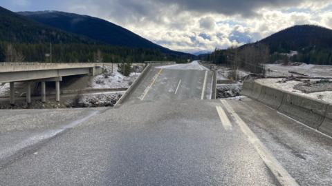 In this handout provided by the B.C. Ministry of Transportation and Infrastructure, a view of damage BC Highway 5 - Coquihalla at Juliet on November 16, 2021 in British Columbia, Canada.