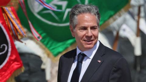 US Secretary of State Antony Blinken at Ben Gurion airport in Israel on 13 July