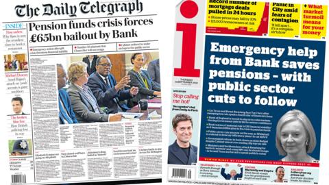 The headline in the Telegraph reads, "Pension funds crisis forces £65bn bailout by Bank", while the headline in the i reads, "Emergency help from Bank saves pensions - with public sector cuts to follow"