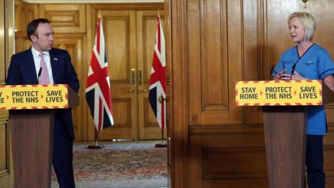 10 Downing Street handout photo of Health Secretary, Matt Hancock and chief nursing officer for England, Ruth May answering questions from the media via a video link during a media briefing in Downing Street, London, on coronavirus (COVID-19).