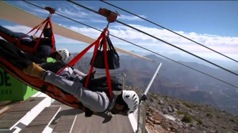 Sheikh Ahmed bin Saud bin Saqr Al Qasimi rides on the Jebel Jais Flight