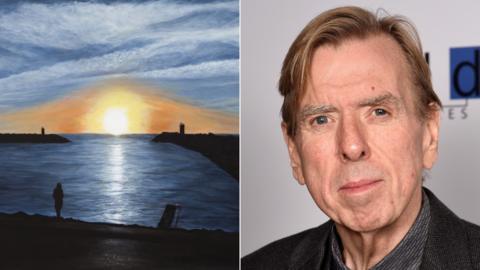Timothy Spall and his painting Waveless Today, Nazare, 2021