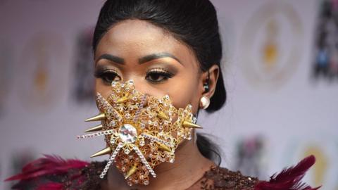 Ghanaian model Nana Akua Addo poses on the red carpet during the All Africa Music Awards in Lagos on November 12, 2017