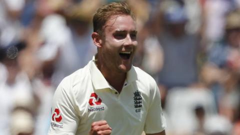 England bowler Stuart Broad celebrates taking a wicket on day two of the second Test against South Africa