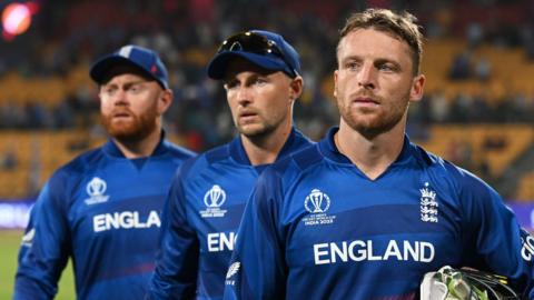 Jonny Bairstow, Joe Root and Jos Buttler after England's defeat to Sri Lanka
