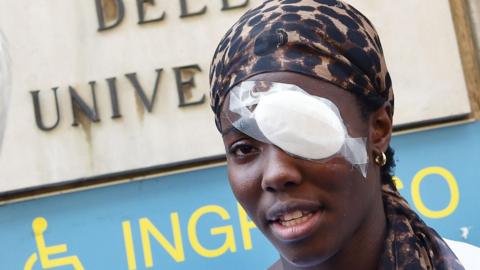 Italy discus thrower Daisy Osakue addresses the media outside the hospital in Turin, Italy, 30 July 2018.