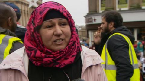 Taj Khan at the rally at Grey's Monument in Newcastle