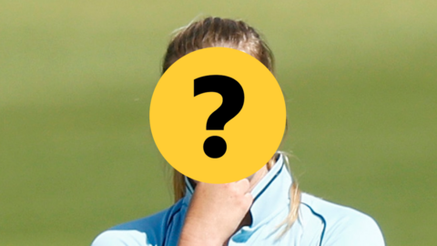 An England bowler with her face hidden by a question mark