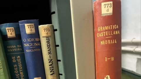 Old library books are lined up on a shelf. The Spanish grammar book that was recently returned has an orange spine.
