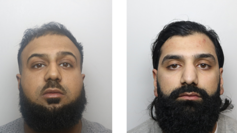 Police mugshots of Samran Ali and Arbaaz Ali. Samran has dark black hair and a black trimmed beard, while Arbaaz has long black hair and a black beard.