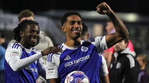Macclesfield striker Danny Elliott celebrates
