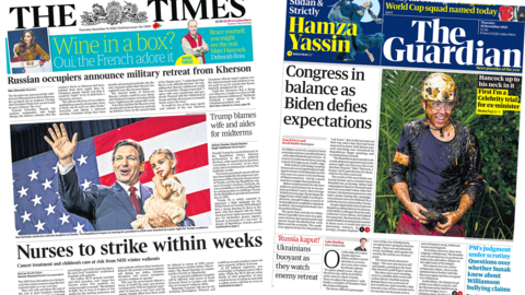 The headline in the Times reads, "Nurses to strike within weeks", while the headline in the Guardian reads, "Congress in balance as Biden defies expectations"