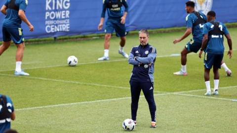 Marti Cifuentes watches his Leicester City players train