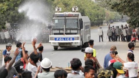 Police confront protesters in Mandalay, Myanmar