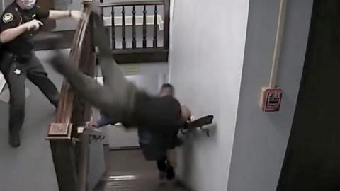 A deputy goes down the stairs head first trying to catch the defendant