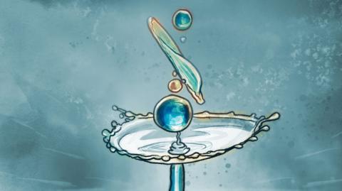 Illustration of a water droplet hitting a reflective surface 