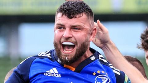 Leinster's Michael Milne celebrates scoring a try against Sharks