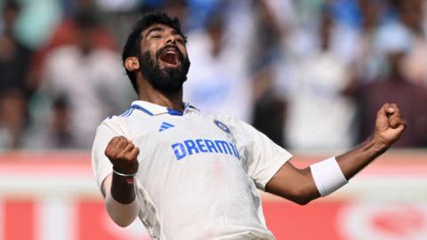 India bowler Jasprit Bumrah celebrates taking a wicket