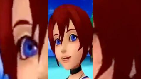 Cartoon image of a girl with short brown hair and purple eyes, taken from a video game.