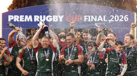 Leicester celebrate winning the Prem Rugby Cup