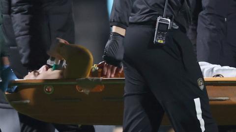 Newport defender Josh Seberry was taken off on a stretcher in the loss at Notts County
