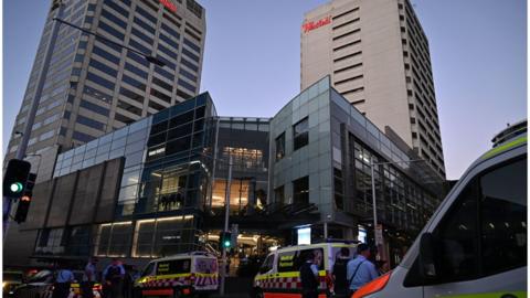 Emergency services are seen at Bondi Junction after multiple people were stabbed inside the Westfield Bondi Junction shopping centre