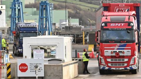 Lorries at Larne Port the morning the order on Irish border checks came into effect