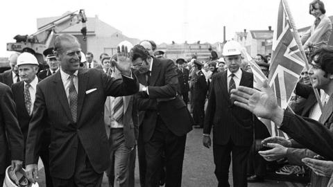 The Duke of Edinburgh on a visit to Harland and Wolff in July 1977
