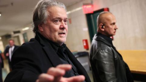 Steve Bannon, former advisor to President Donald Trump, points as he speaks after leaving a court appearance at NYS Supreme Court on February 28, 2023 in New York City