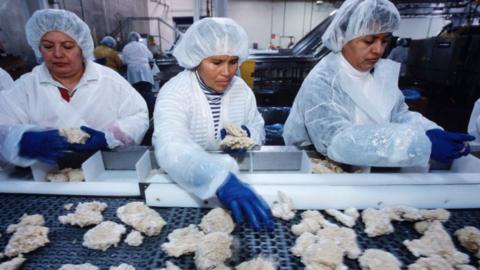 Employees preparing chicken at the Tyson factory