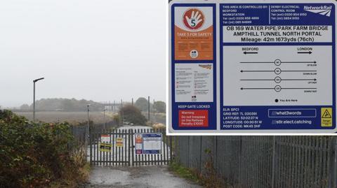 A view of the access point staff used to reverse on to the tracks near to Millbrook, Bedfordshire. It is a cloudy, wet day. 
