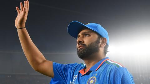 India captain Rohit Sharma waves to the crowd after his side beat Pakistan in the Cricket World Cup